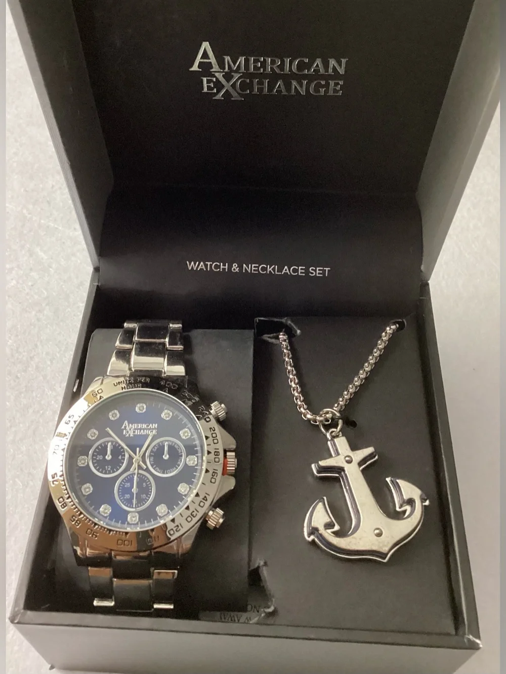 American Exchange Three-Hand Quartz Silver-Tone Metal Bracelet Watch 46mm Set